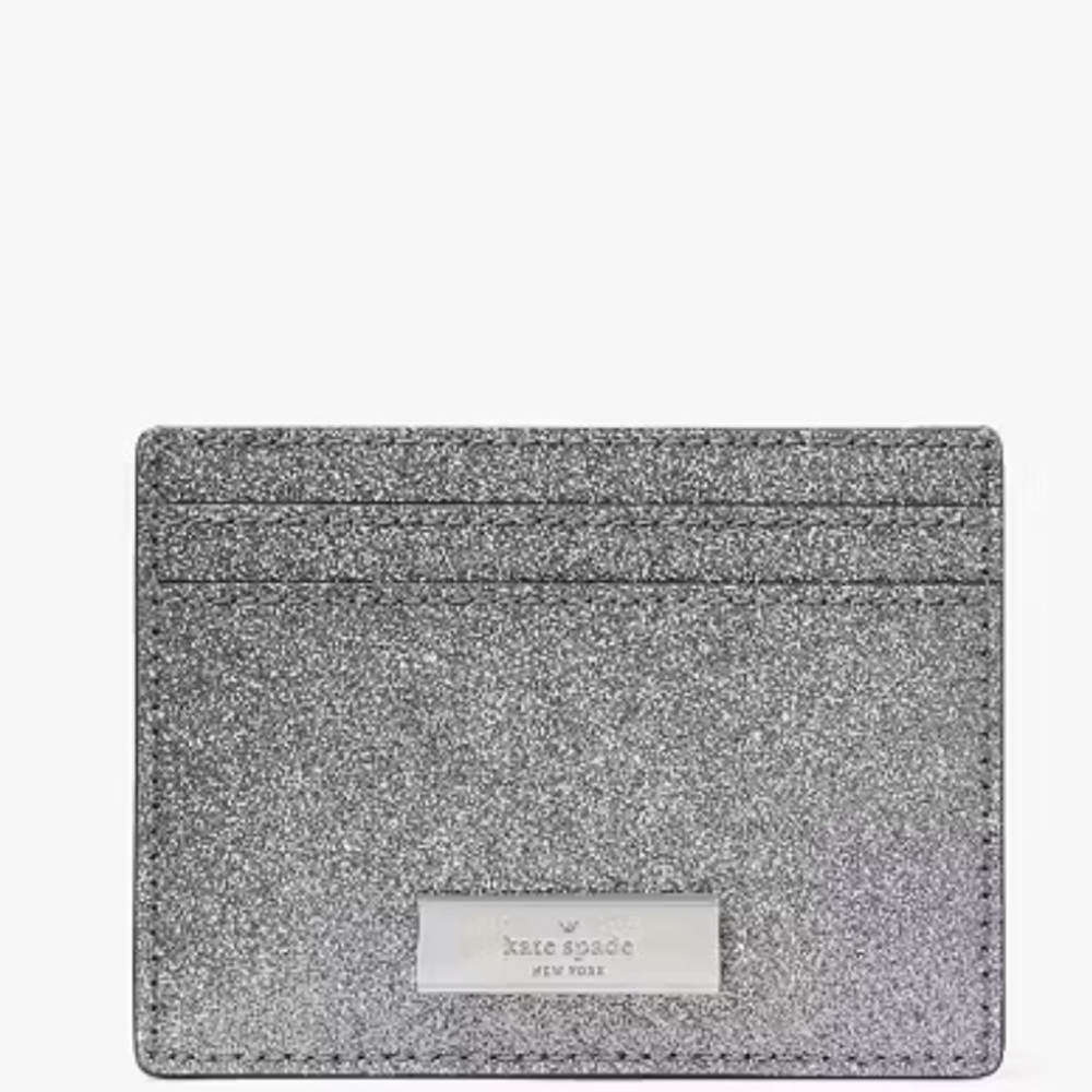 NWT Kate Spade Kenzie Boxed Glitter Small Card Holder in Silver Candied Flower - Picture 2 of 13